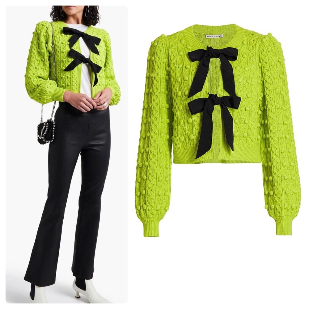 ALICE + OLIVIA Kitty Bow Puff Sleeve Cardigan